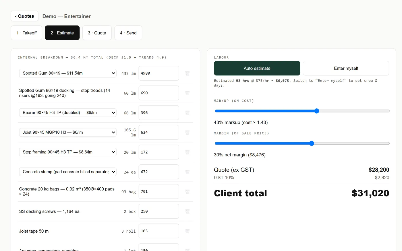 Estimate with materials, labour and margin